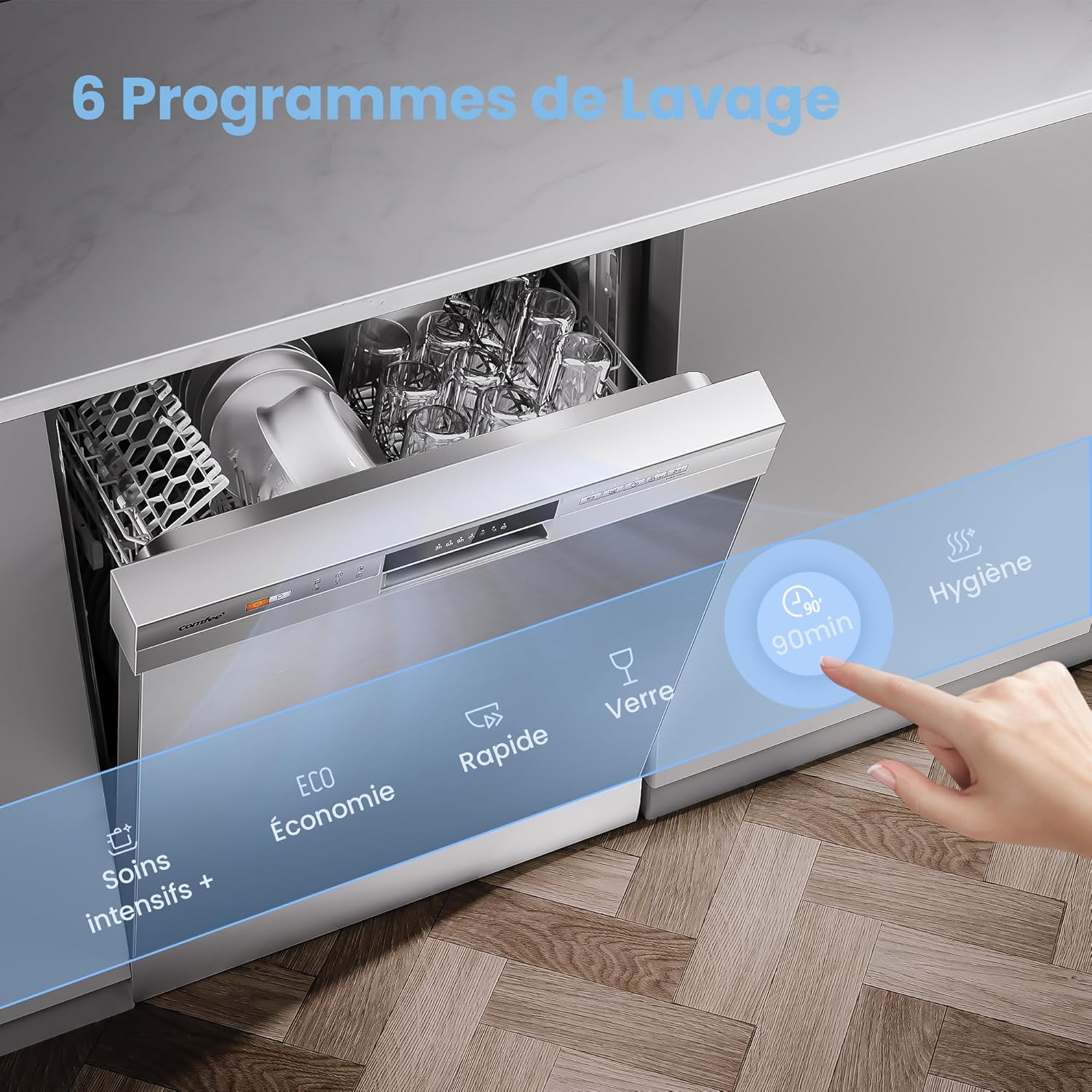 COMFEE' - Lave-vaisselle série CDWPF1201PS - 60 cm, 12 couverts, départ différé, panier flexible, inox, 49 dB, CDWPF1201