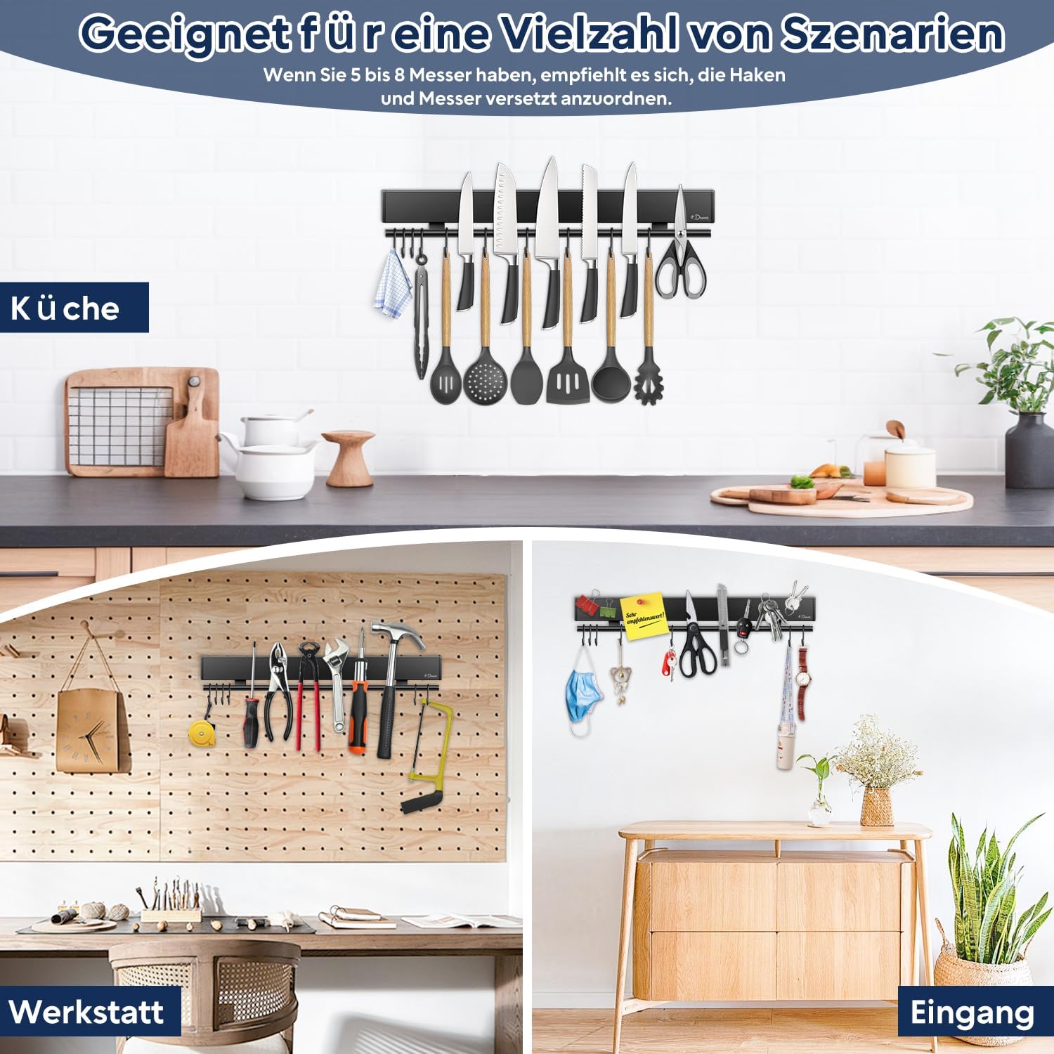 Dmore - Barre magnétique noire 43 cm, 10 crochets, adhésif inclus