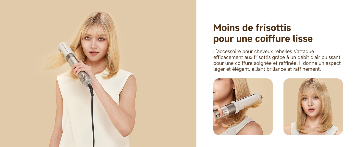Le texte se lit comme suit : « Mains de friottitis pour une coiffure lisse ». Images du didacticiel de coiffure étape par étape montrant les différentes étapes du processus de traitement capillaire.