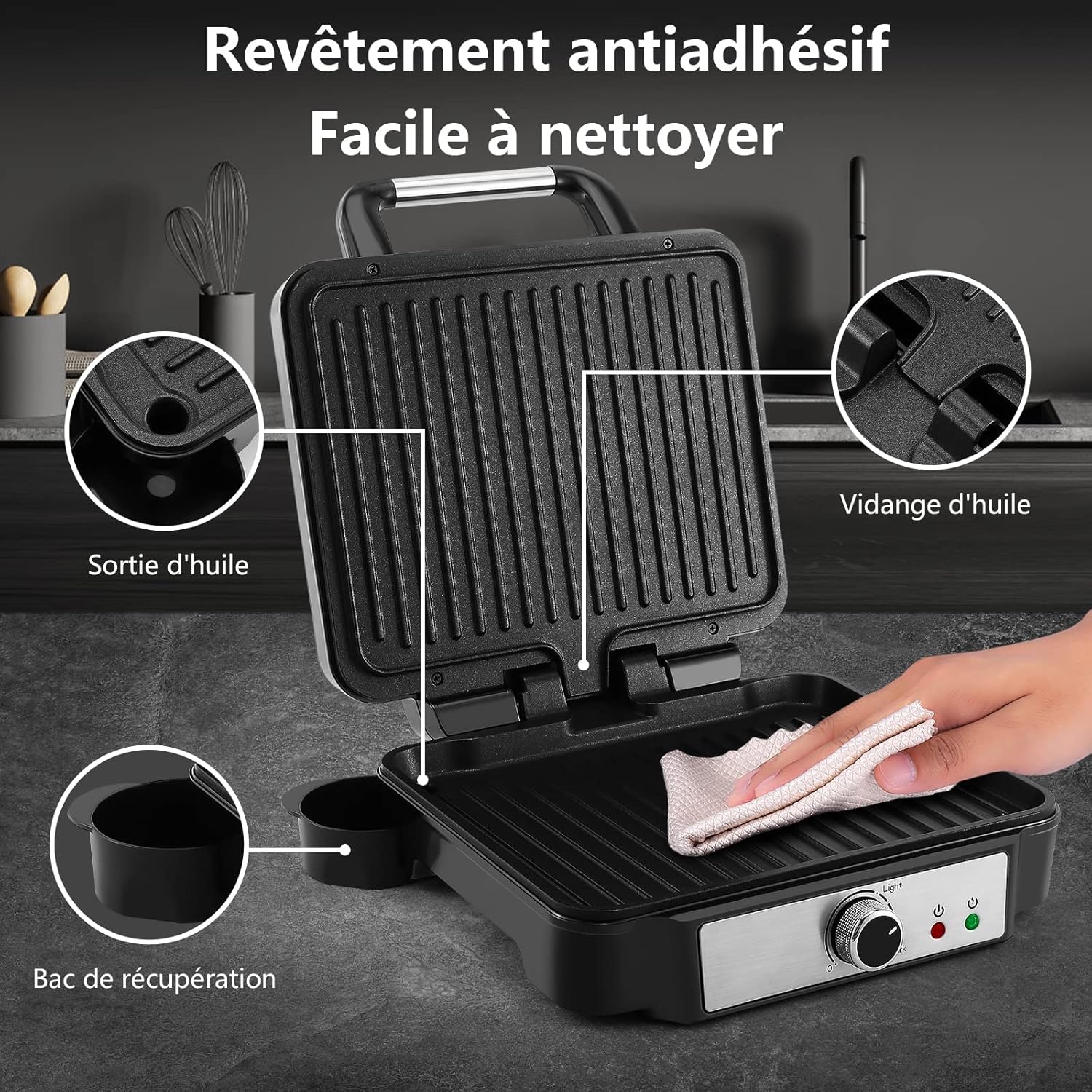 YASHE - Grille Électrique 4 tranches, 1800W, plaques antiadhésives, contrôle température, ouverture 180°