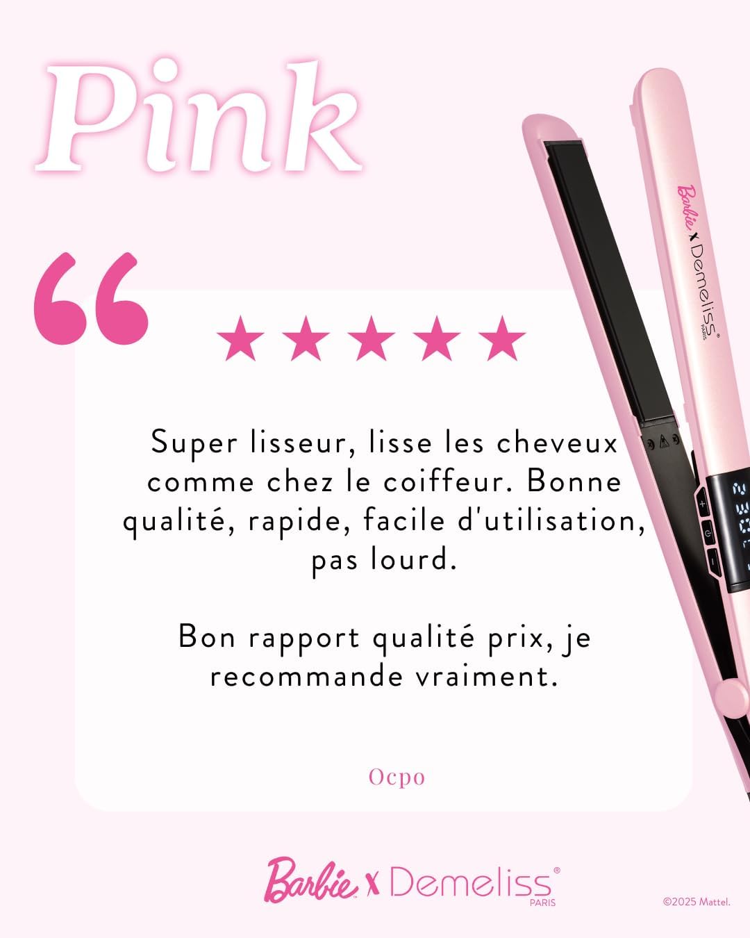 Demeliss - Pink Barbie - plaques fines céramique tourmaline, réglable 150-230°C, design pro