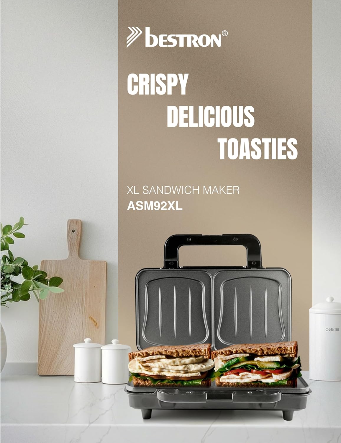 Bestron - appareil croque monsieur XL - 2 sandwichs coquille - réglage automatique de température, beige