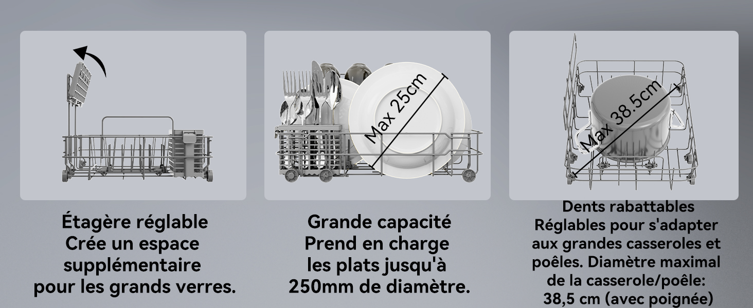 avec trois compartiments : étagère réglable, grande capacité pour les assiettes jusqu'à 25 cm et section avec griffes pliables pour les grandes casseroles et poêles jusqu'à