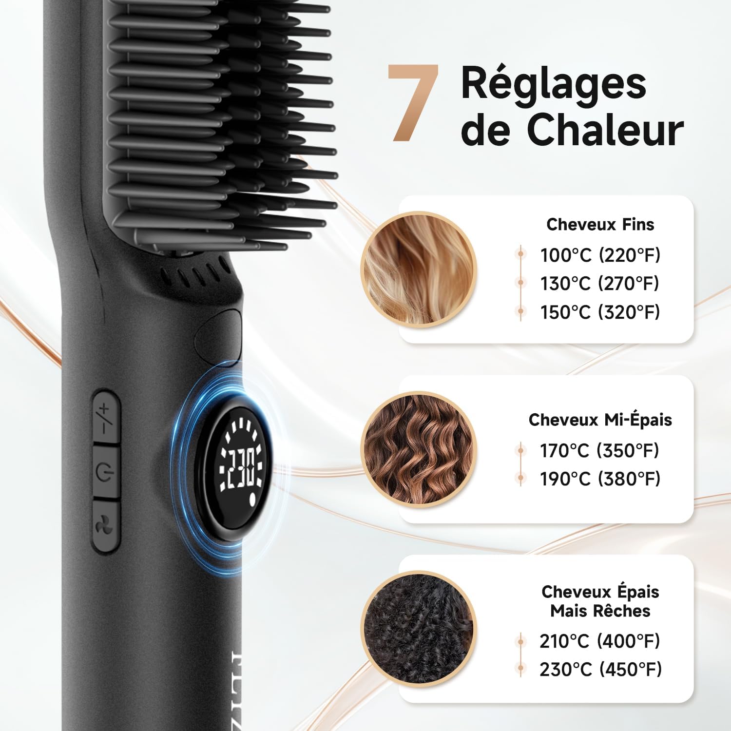 Brosse lissante cheveux - 7 températures, écran LCD, plaques anti-brûlure, double tension, prise UE, noir