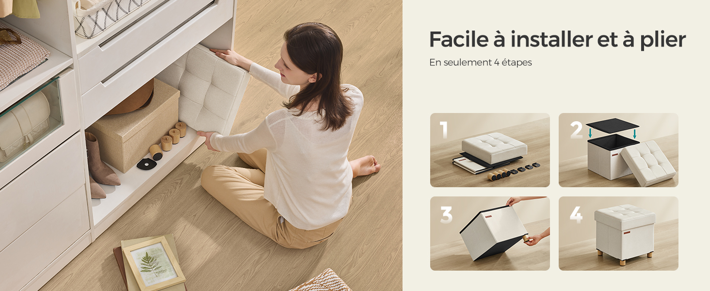 Schéma d'instructions de montage montrant les quatre étapes à suivre pour installer et plier une solution de rangement, avec un texte en français indiquant une installation facile.