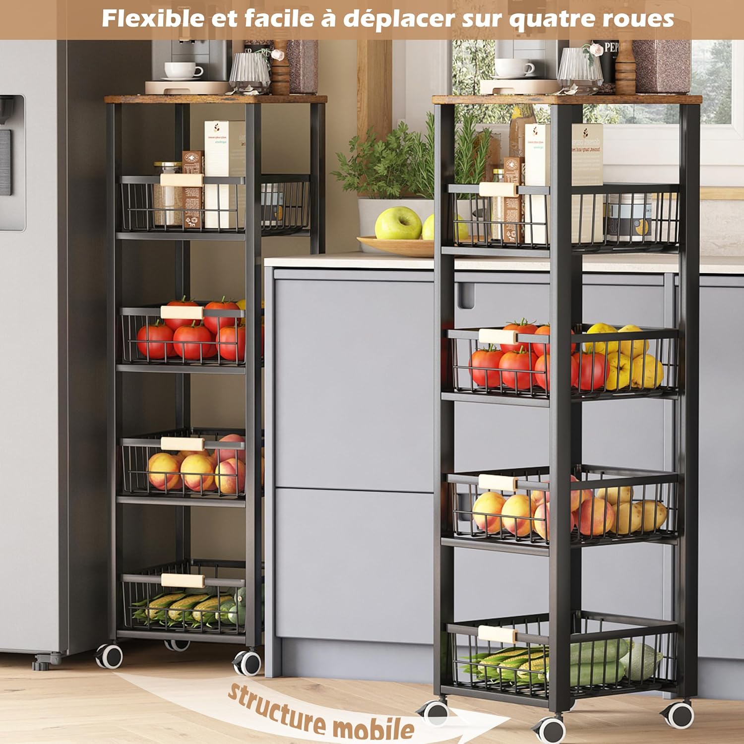 COVAODQ - Étagère à légumes 5 niveaux, métal, roulettes, 107x30.5x39 cm - COVAODQ