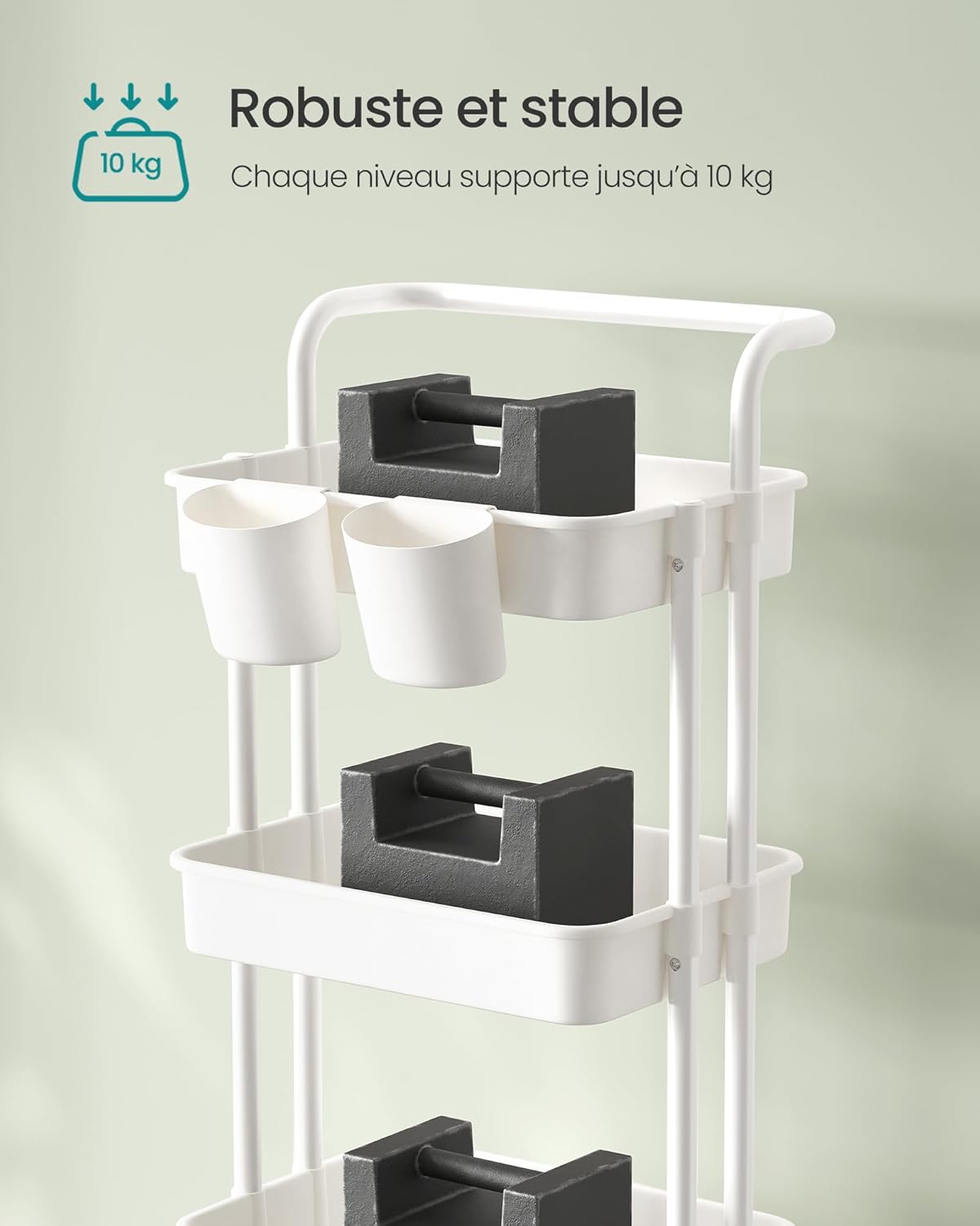 SONGMICS - Chariot de rangement 4 niveaux - poignées, roulettes, 2 pots, 2 freins - Blanc - BSC077WZ01