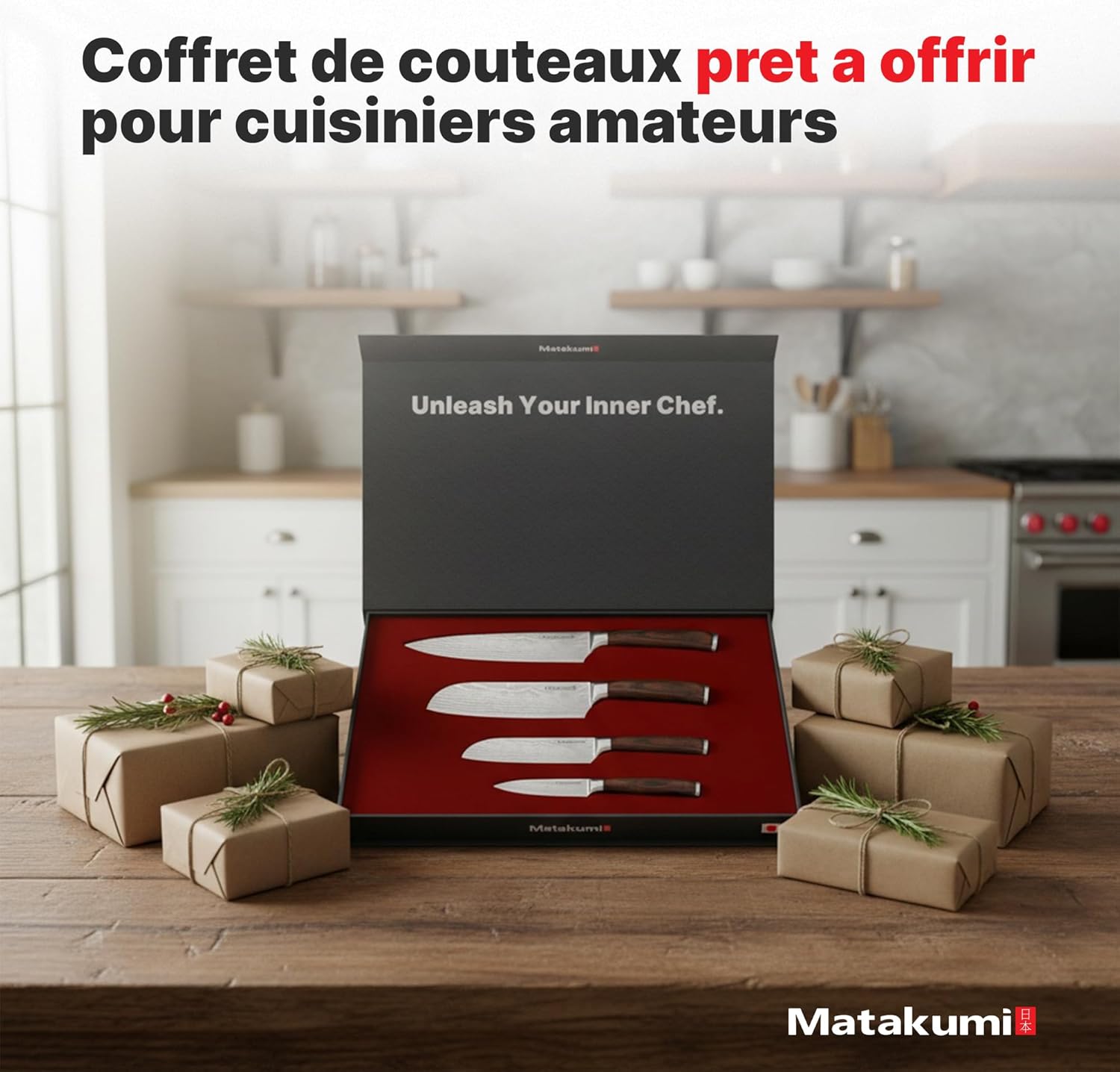 Matakumi - Set cuisine japonais, 4 pièces, acier carbone, poignée ergonomique, motif damassé gravé