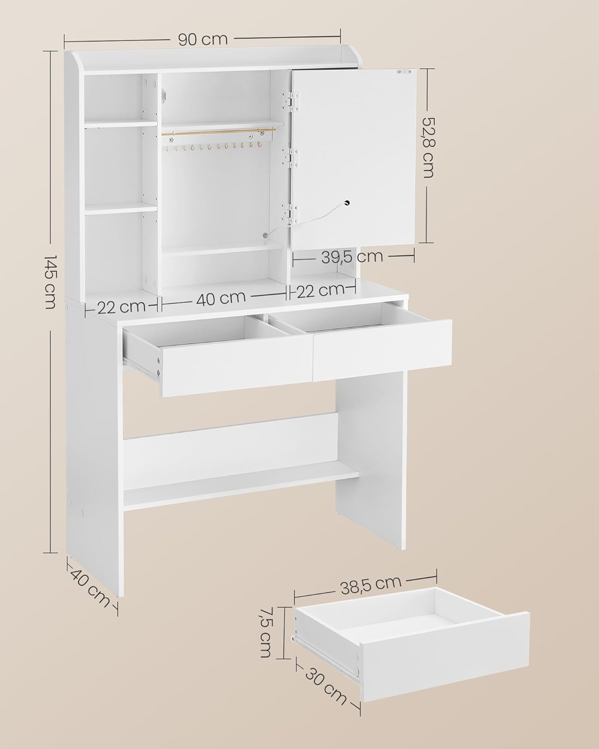 VASAGLE - Kailyn Collection - grande coiffeuse blanche, miroir LED, 2 tiroirs, étagère réglable, RDT123WB01