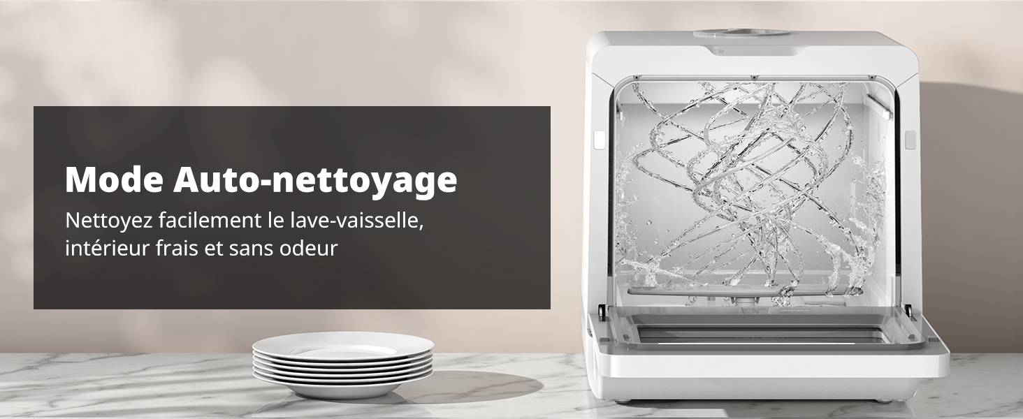 Le texte indique « Mode Auto-nettoyage ». Série d'images de démonstration de produits montrant le mécanisme d'auto-nettoyage d'un appareil.