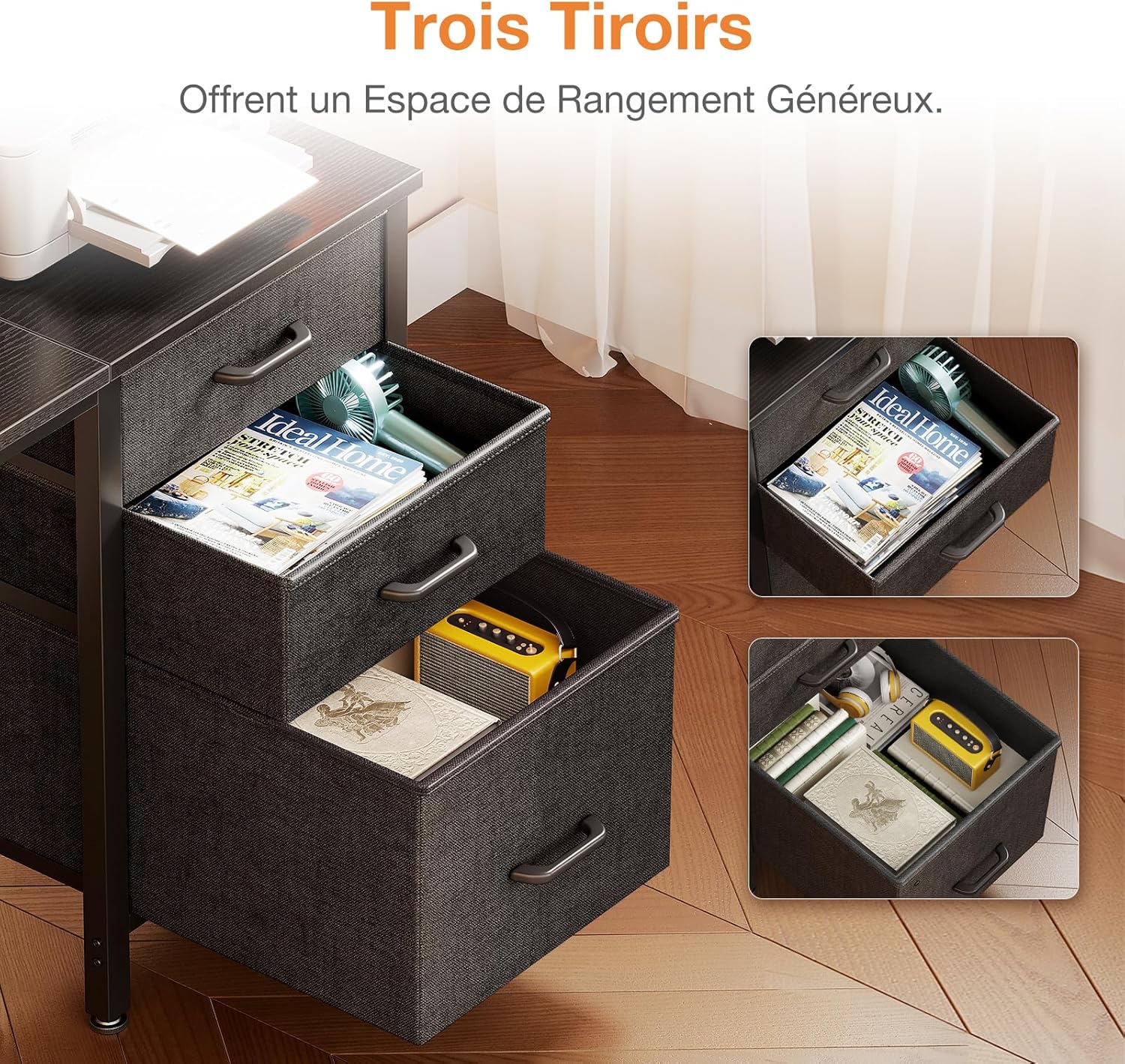 Coleshome - Bureau 120x48cm - 3 tiroirs tissu, porte-casque, réversible