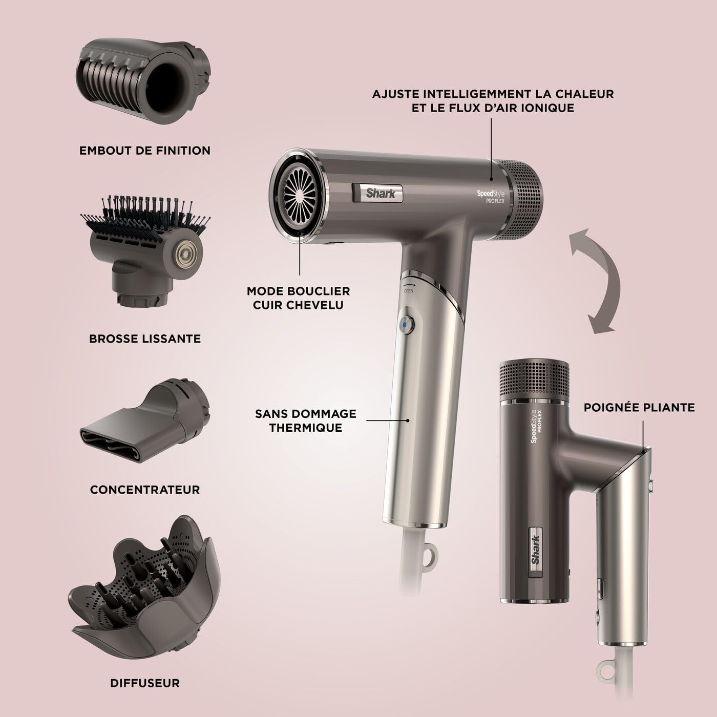 Shark - sèche-cheveux SpeedStyle Pro Flex, léger, ionique, poignée pliante, 4 embouts, moka argent, HD542EU
