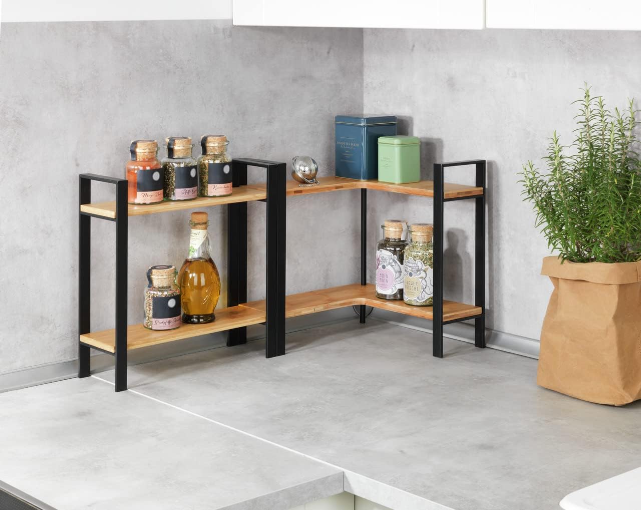 WENKO - Lou - 30x33x30cm - étagère d'angle cuisine, 2 niveaux, bambou/acier