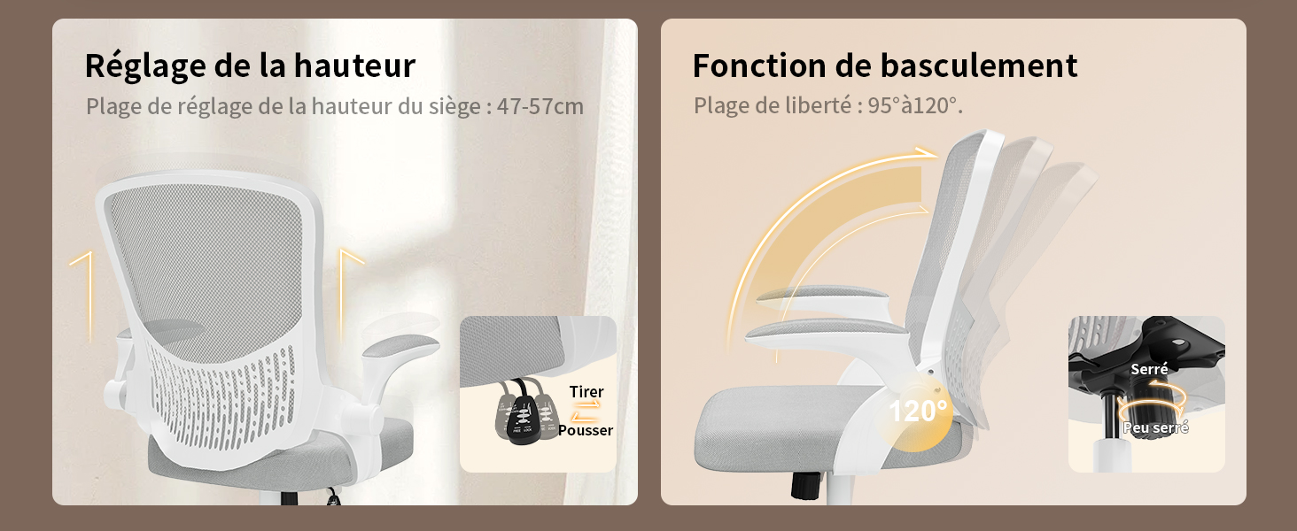 montrant la plage de réglage de la hauteur et la fonction d'inclinaison avec des commandes mécaniques illustrées sur deux panneaux.