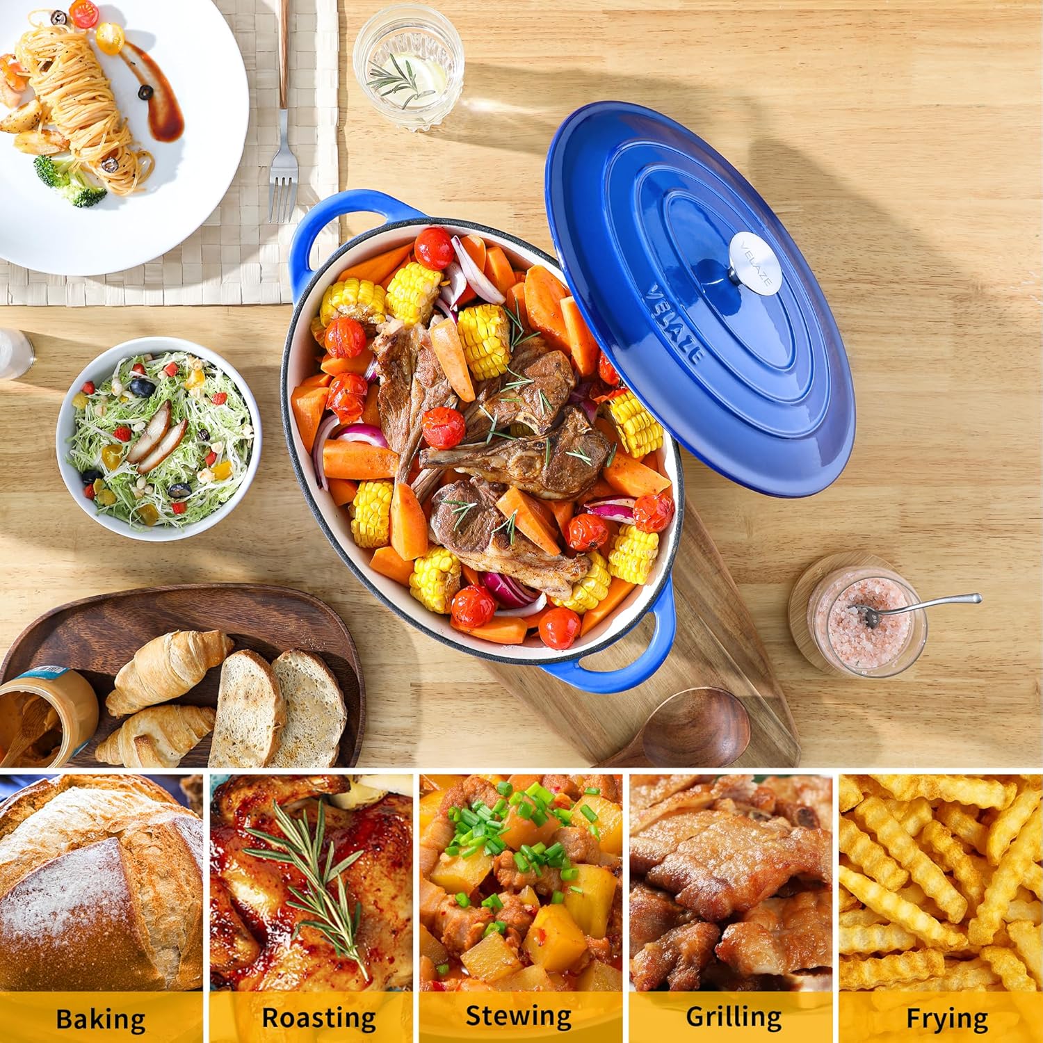 Velaze - Cocotte fonte émaillée série Ovale 7L 34cm, induction, antiadhésive, bleue