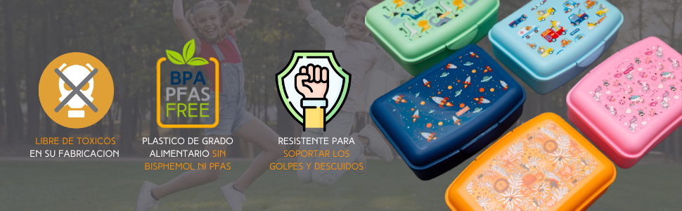 Différentes boîtes à lunch colorées avec des icônes qui représentent les avantages du produit