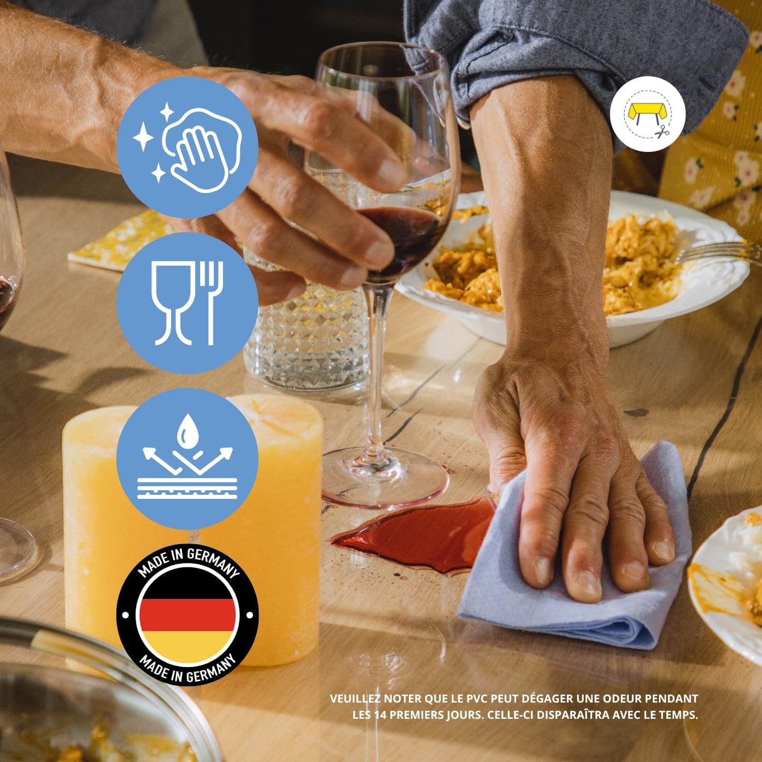 Nappe transparente ronde - 130 cm Ø, 2mm, anti-tache, lavable