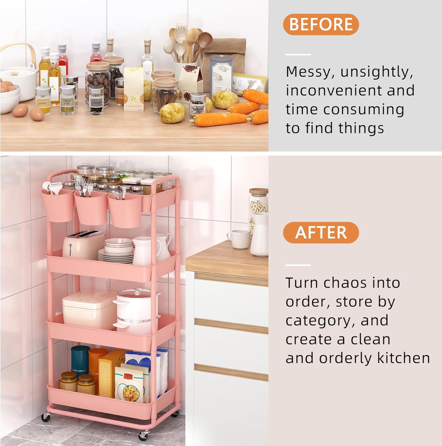 JIUYOTREE - chariot de rangement 4 niveaux, poignées, roulettes, gobelets, rose - JIUYOTREE