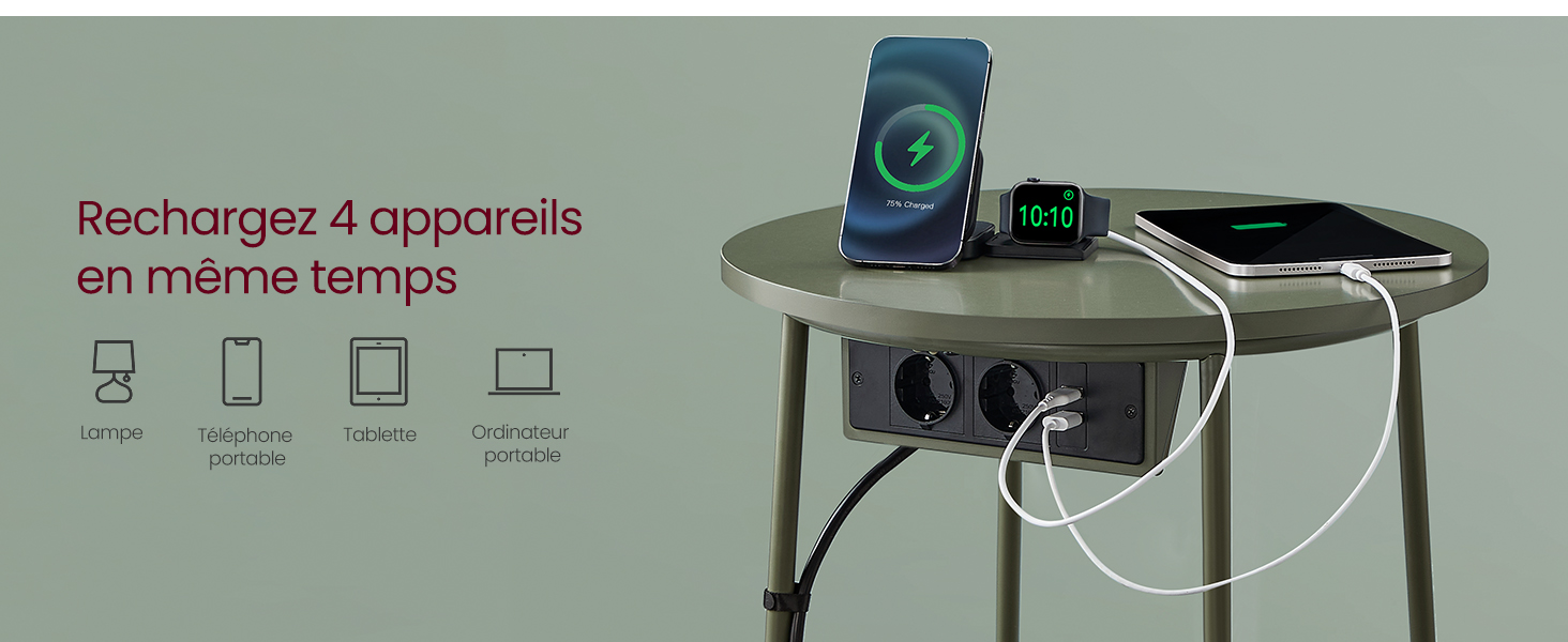 avec plateau circulaire. Quatre ports USB visibles. Affichage du chargement du smartphone et de la montre connectée. Le texte indique la capacité de charger 4 appareils simultanément.