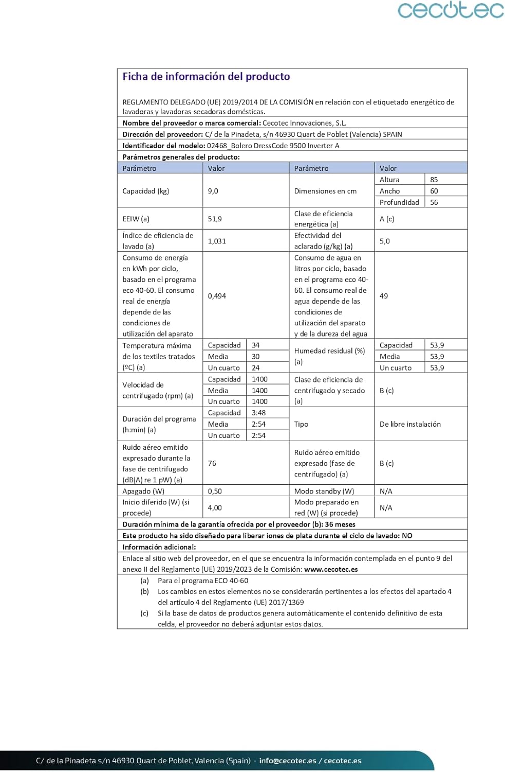 Cecotec - Bolero Dresscode 9500 - 9 kg - 1400 rpm, Inverter, 16 programmes