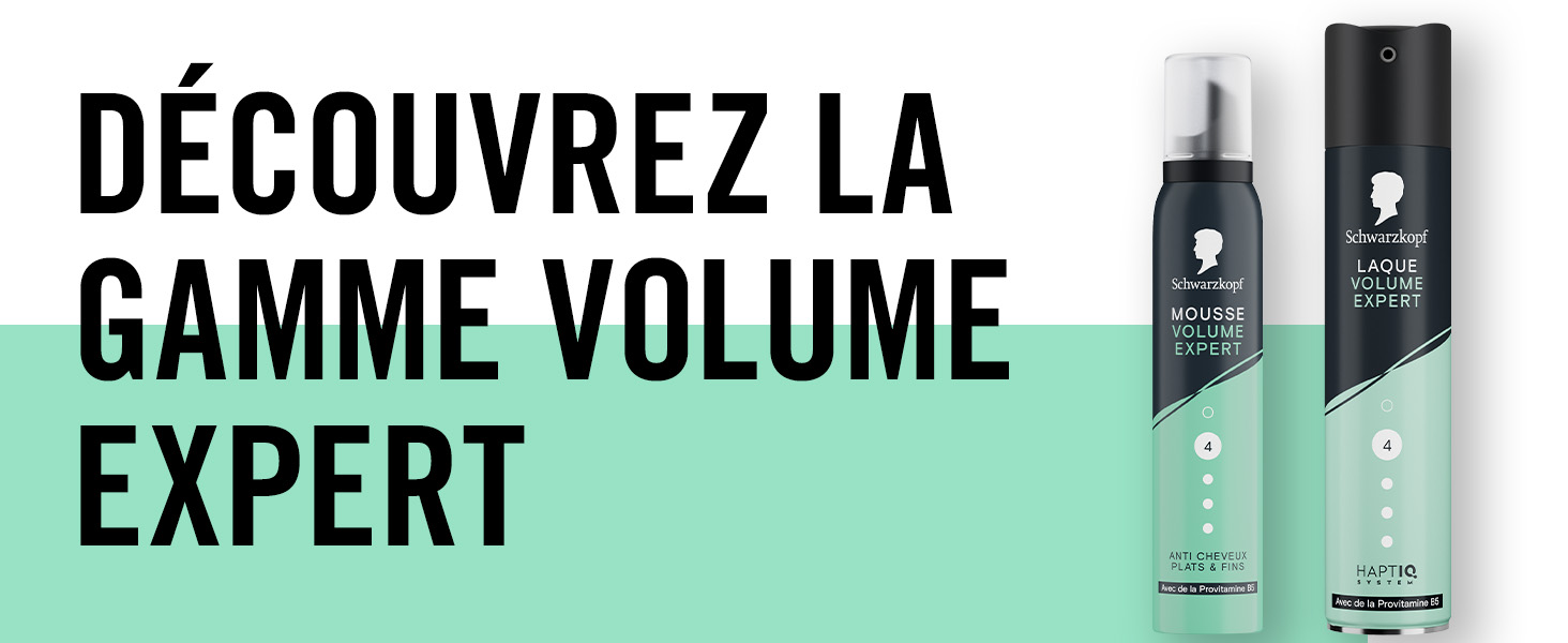 Le texte se lit comme suit : « DÉCOUVREZ LA GAMME VOLUME EXPERT ». Publicité de produit montrant des bouteilles de produits capillaires noires sur fond clair.