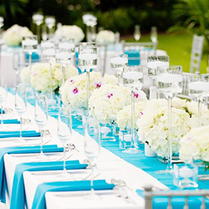 une réception de mariage en bleu et blanc avec un chemin de table blanc et des fleurs blanches
