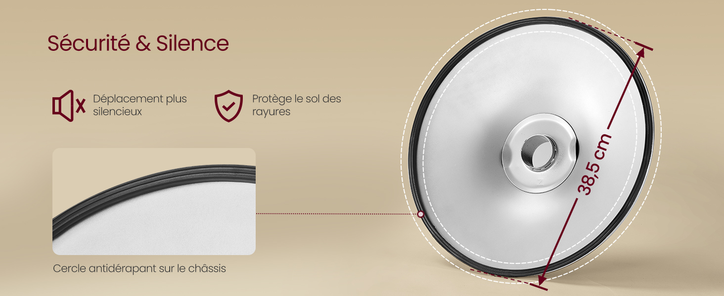 Couvercle de cuisson circulaire en métal avec poignée noire. Mesure de diamètre de 38 cm indiquée. Les icônes indiquent un fonctionnement silencieux et des fonctions de sécurité. Texte en français visible.