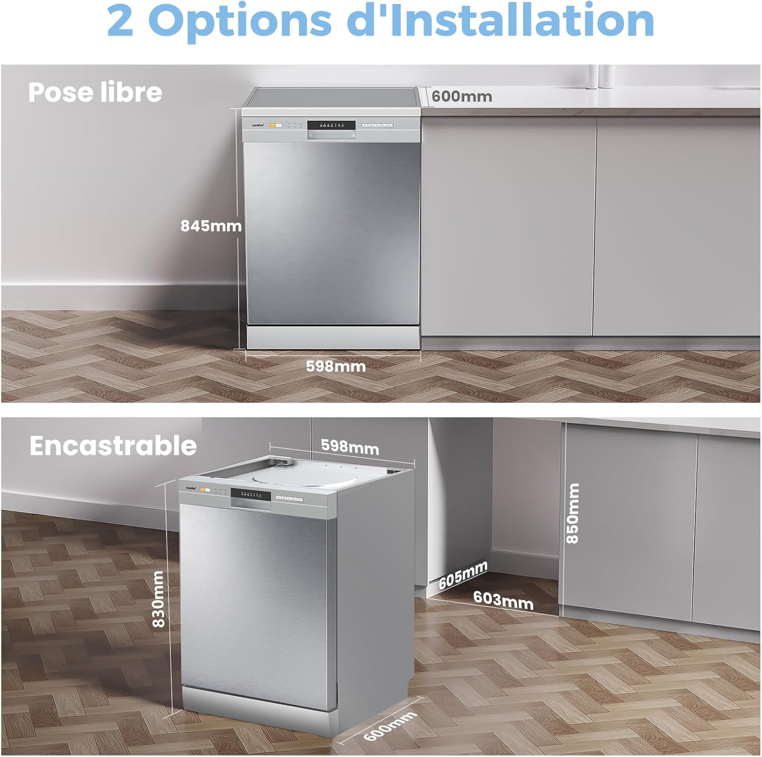 COMFEE' - Lave-vaisselle série CDWPF1201PS - 60 cm, 12 couverts, départ différé, panier flexible, inox, 49 dB, CDWPF1201