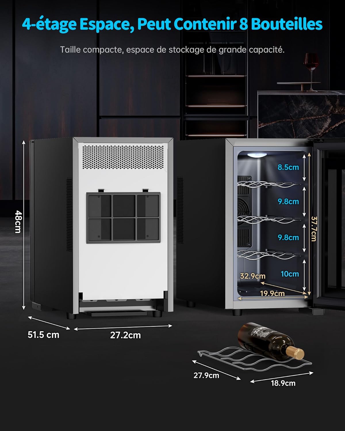 WIE - Cave à vin 8 bouteilles, 23L, façade miroir, écran tactile, ultra-silencieuse