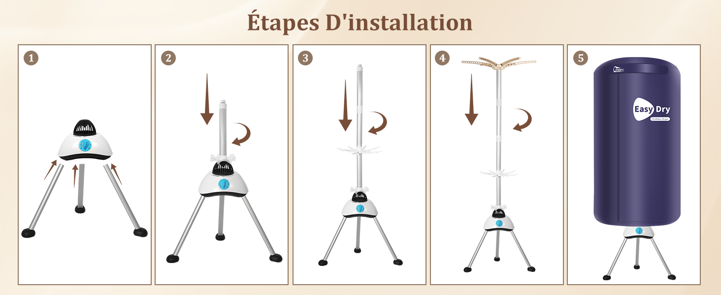 Guide d'installation en cinq étapes pour un objet cylindrique bleu, illustrant la progression de la configuration du trépied à l'assemblage final du produit