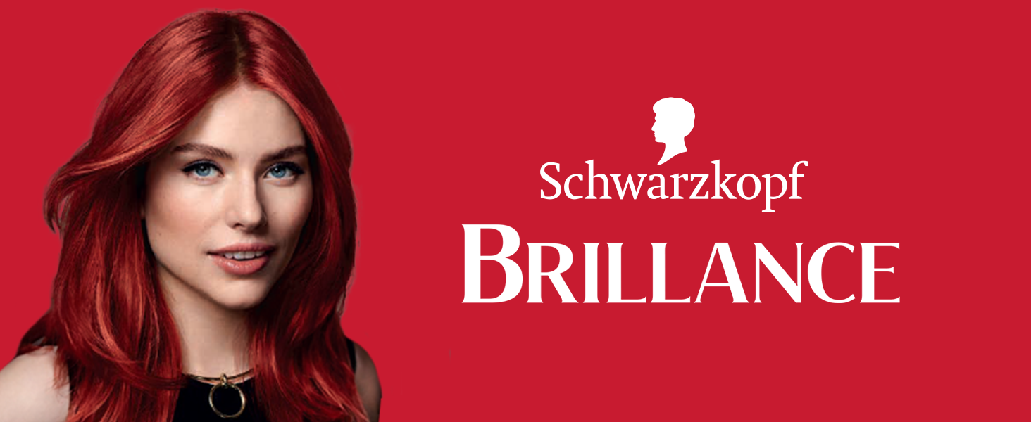 Le texte indique « Schwarzkopf BRILLANCE ». Bannière promotionnelle teintée en rouge avec la marque d'un produit de beauté.