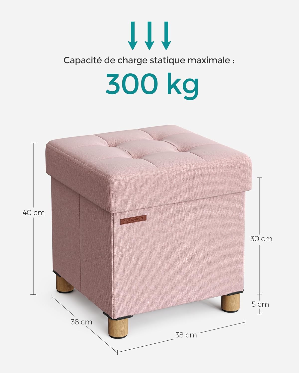 SONGMICS - tabouret pliable 38x38x40 cm, repose-pieds, 300 kg, rangement, Rose Bonbon LSF014P11