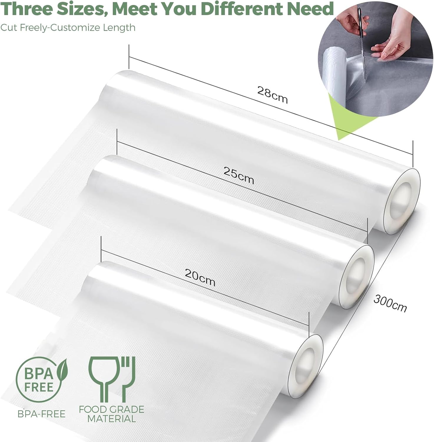 Rouleau sous vide alimentaire - 3 tailles 28/25/20x300cm - sans BPA