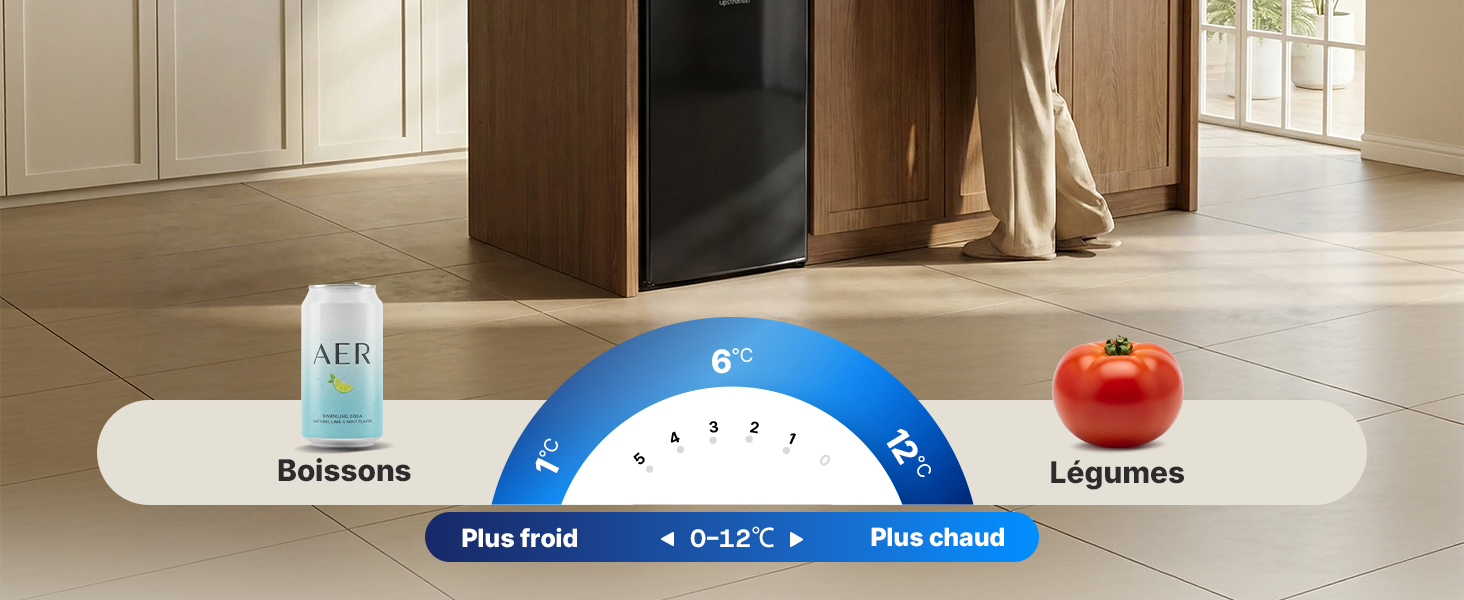 Le texte indique « Boissons » et « Légumes ». Indicateur de zone de température affichant une échelle de gradient entre les zones de stockage des boissons et des produits.