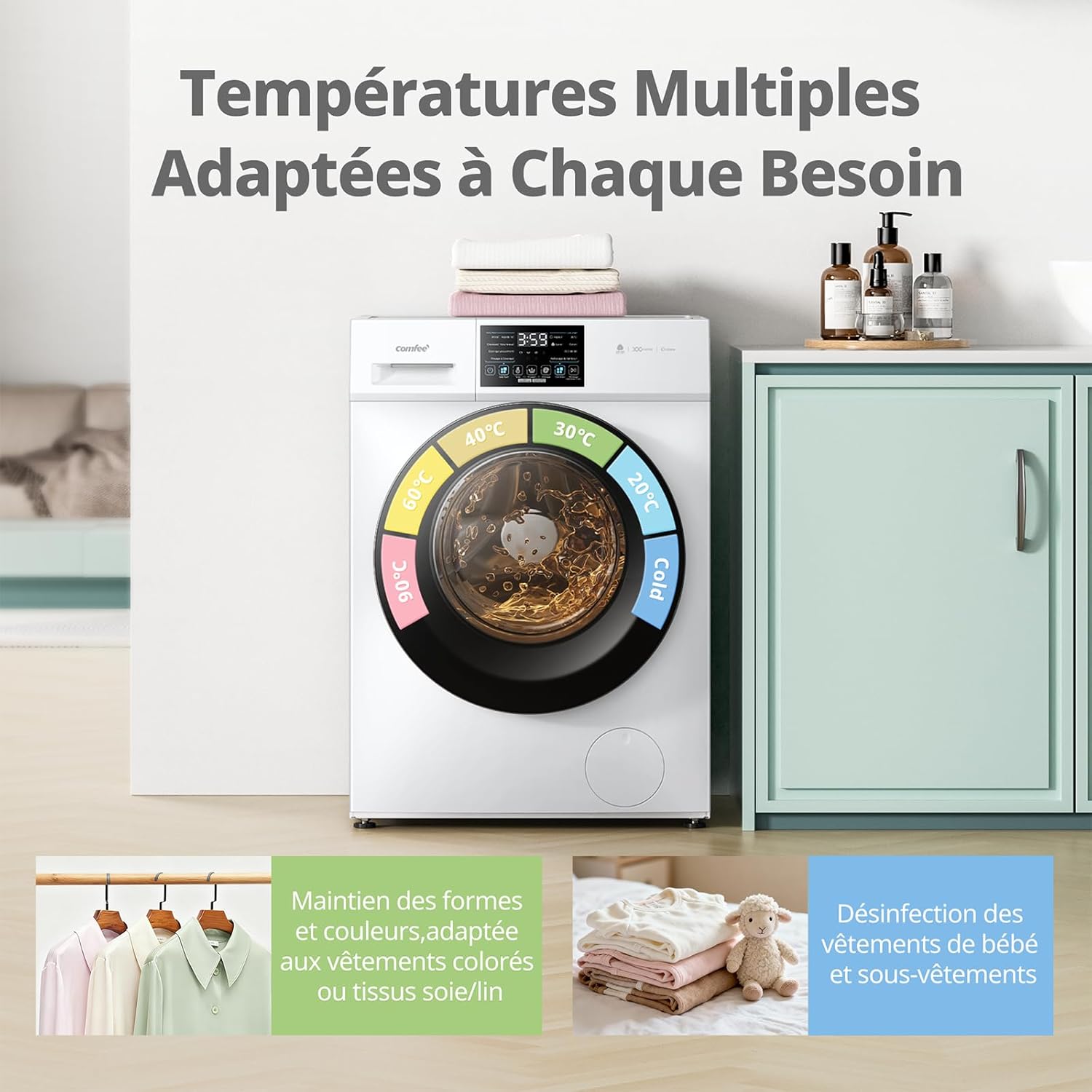 COMFEE' - lave-linge 10kg, classe A, vapeur, moteur BLDC, CFP03EW100W-FR