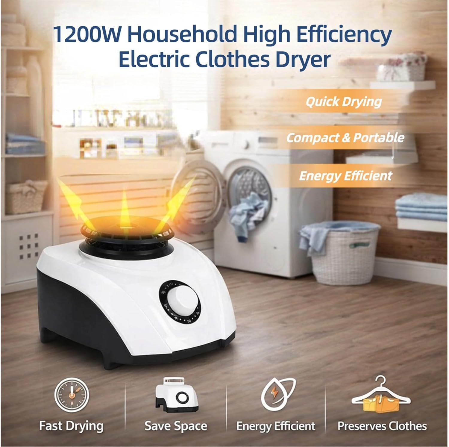 Sèche-linge électrique - 1200 W, grande sortie d'air, sécurité surchauffe
