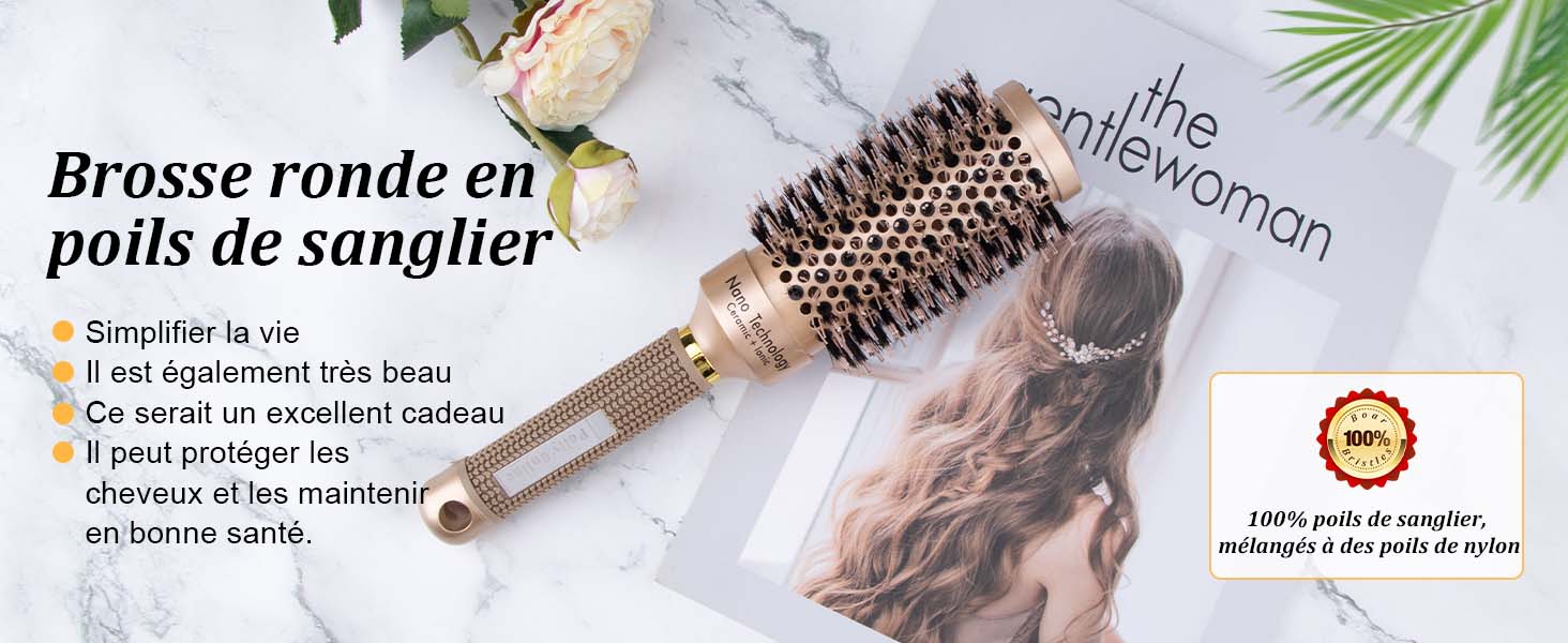 brosse à cheveux ronde en poils de sanglier,brosse ronde pour le séchage