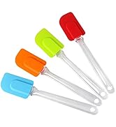 Ensemble de cinq spatules en silicone de différentes couleurs : rouge, vert, orange et bleu, avec poignées en plastique transparent.