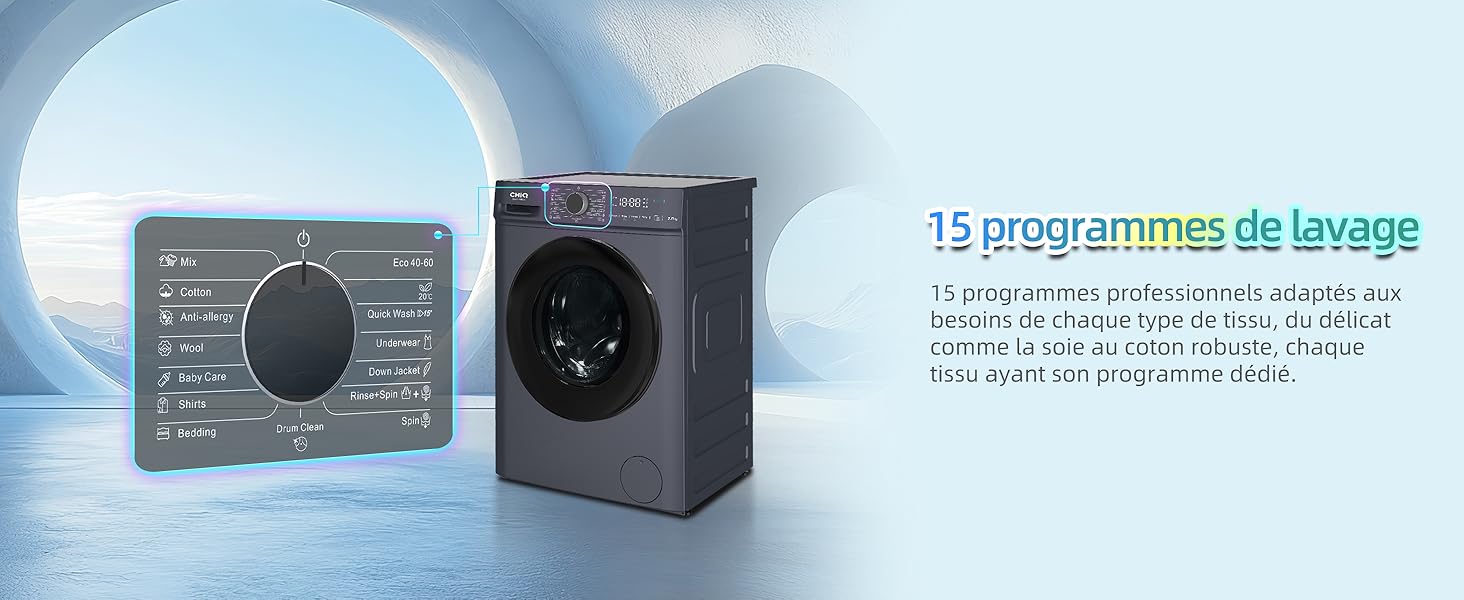 avec panneau de commande numérique. Comprend 15 programmes de lavage, affichés sur une interface à écran tactile. Finition métallique grise avec grande porte circulaire.