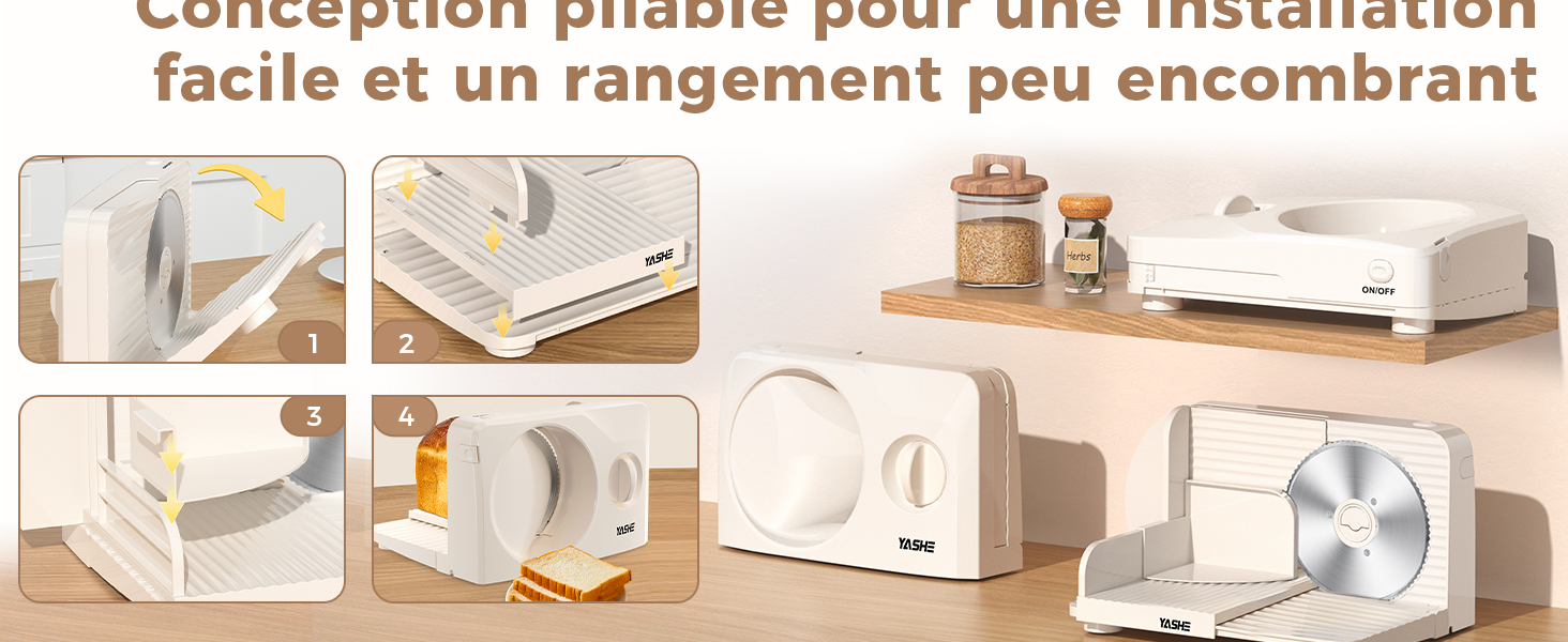 Le texte se lit comme suit : « Conception pliable pour une installation facile et un rangement peu encombrant ». Collage présentant des solutions de rangement blanches et des produits d'organisation dans différents états d'assemblage et d'utilisation.