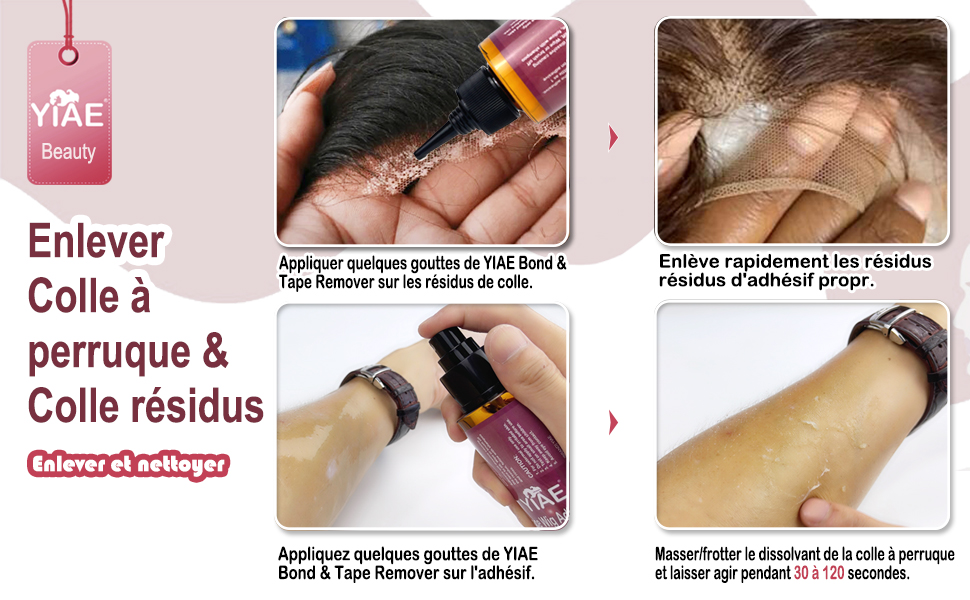 pour perruques et extensions. Produit illustré appliqué sur les mains et le cuir chevelu, démontrant l'élimination des résidus d'adhésif sur les cheveux et la peau.
