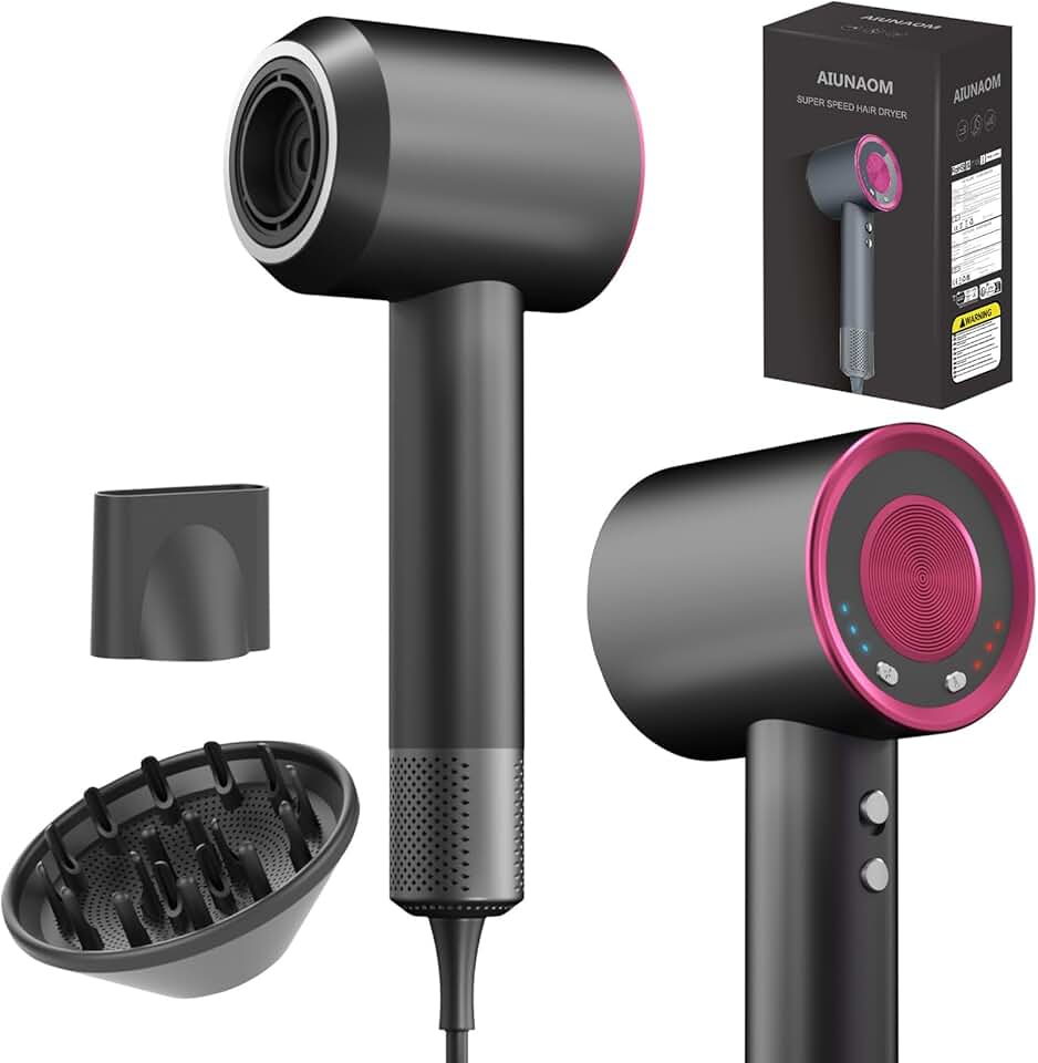 Sèche-cheveux ionique - 4 températures, 3 vitesses, moteur brushless, léger, diffuseur, accessoires magnétiques, 150000 