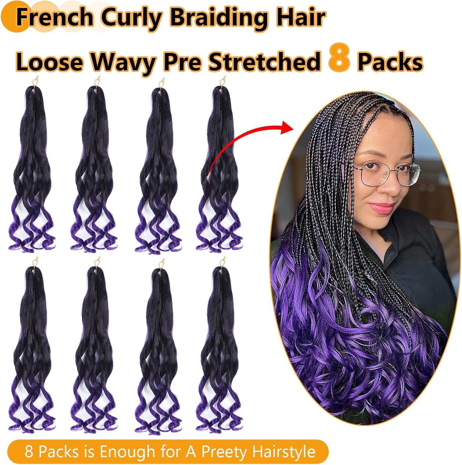 French Curl Braids - rajout cheveux tressés 56cm, 7 paquets, boucle 1B/Purple