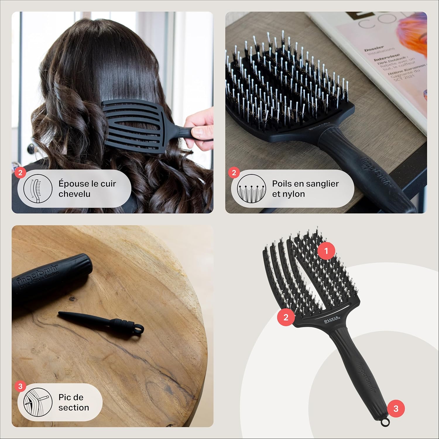 Olivia Garden - Fingerbrush Care Iconic - démêlage cheveux, poils sanglier et nylon, brillance et douceur