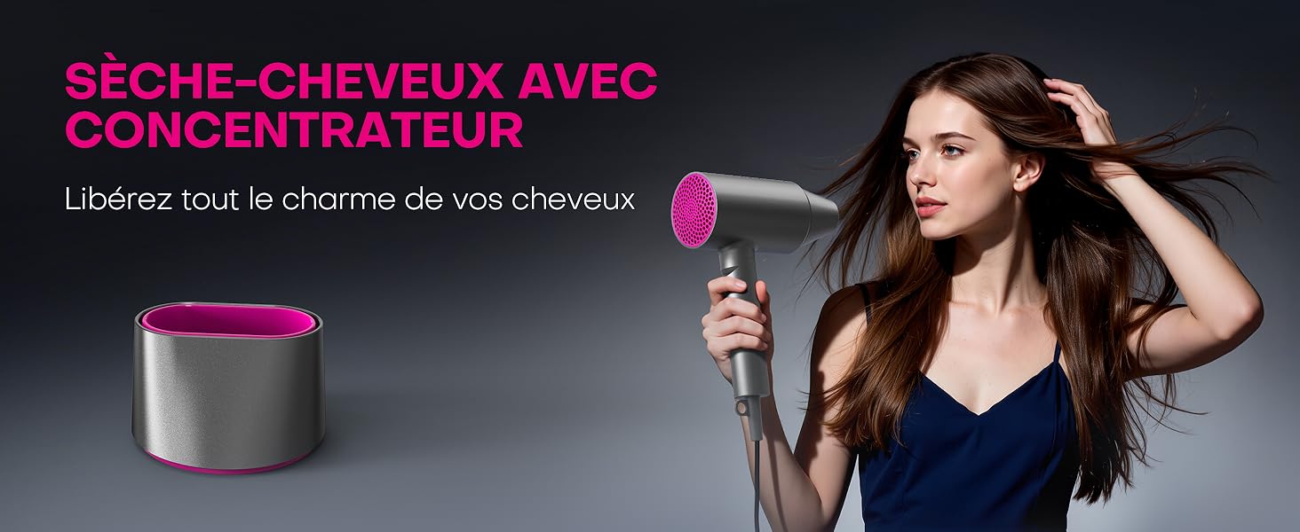 Le texte se lit comme suit : « SÉCHE-CHEVEUX AVEC CONCENTRATEUR ». Scènes de démonstration de produits de coiffure montrant un sèche-cheveux en cours d'utilisation.