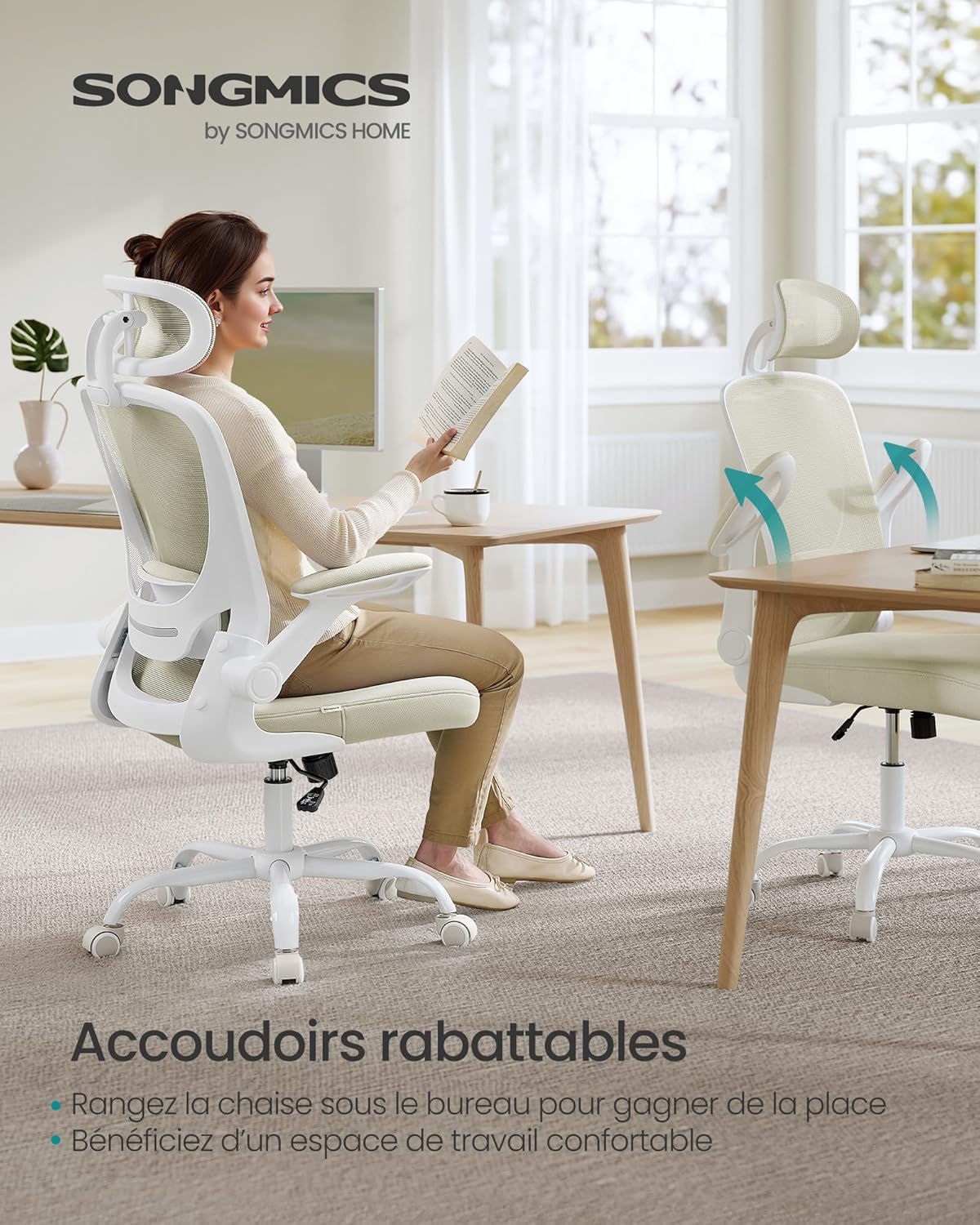 SONGMICS - chaise bureau ergonomique, 53 cm, maille, soutien lombaire, accoudoirs pliables, OBN047K01