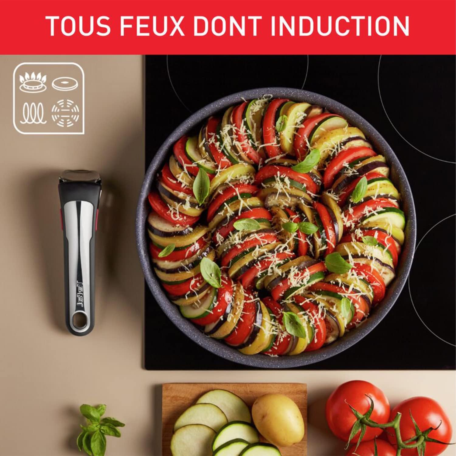 Tefal - Ingenio Natural On - batterie cuisine 8 pièces induction, revêtement antiadhésif, empilable, poignée amovible, l