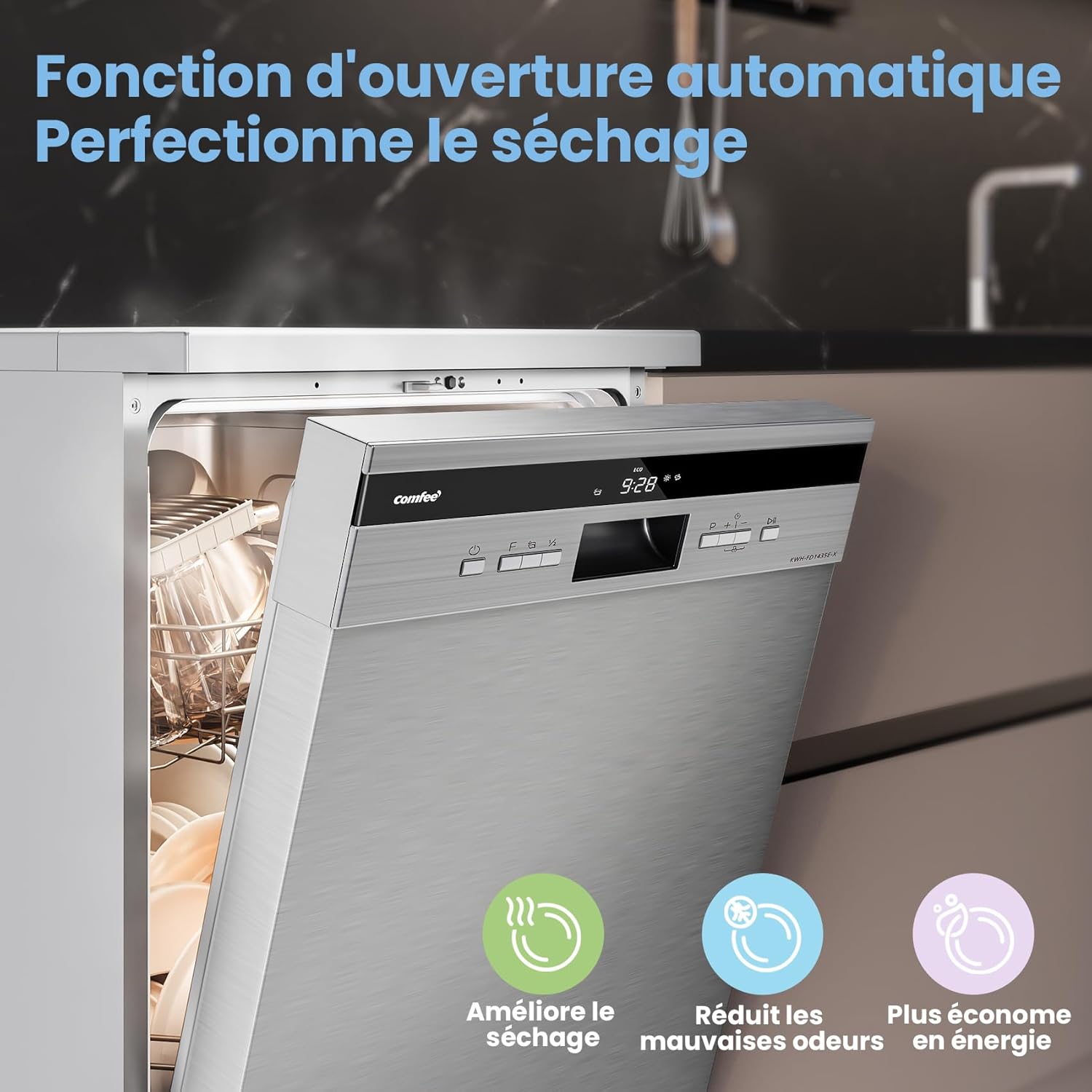 COMFEE' - Lave-vaisselle FD1435E-X - grand format, 14 couverts, écran LED, inox, 44 dB, demi-charge, départ différé