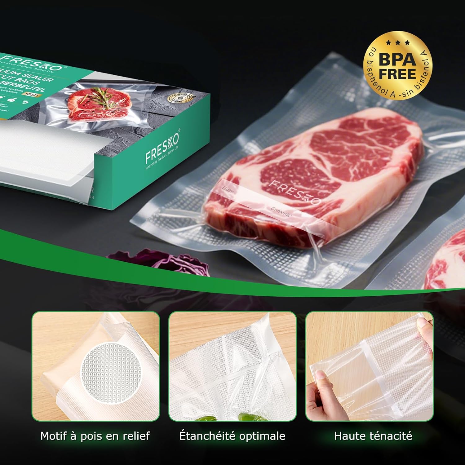 FRESKO - sacs sous vide gaufrés 15x25cm, 100pcs, sans BPA, réutilisables
