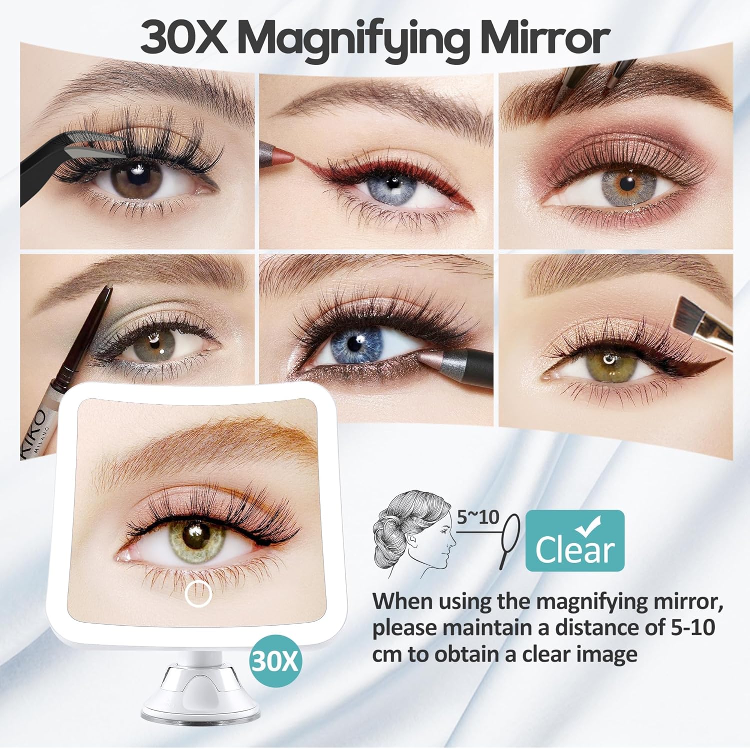 Miroir grossissant carré - 30x - lumineux, tactile, ventouse, rechargeable, rotation 360°